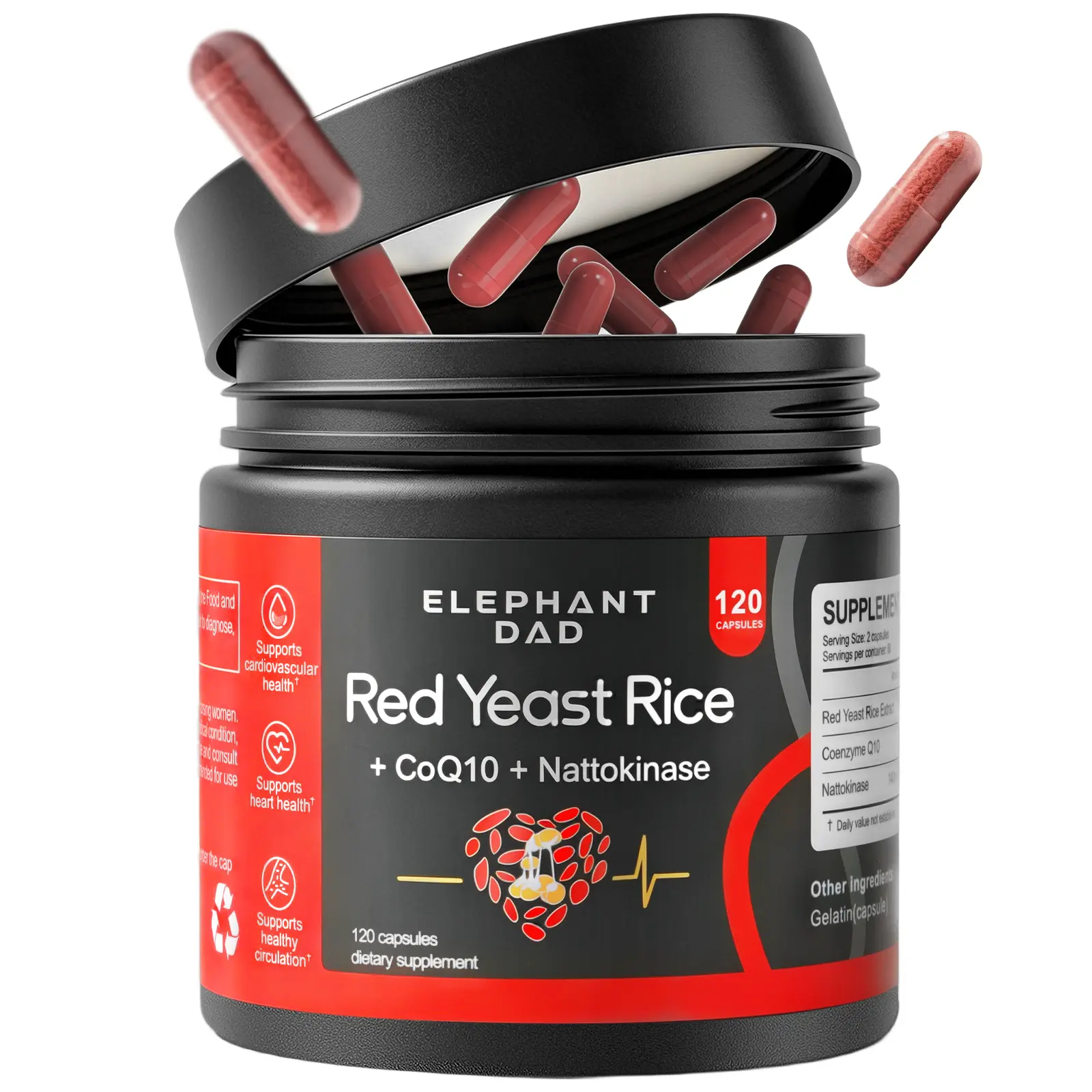 NEW- upgrade ELEPHANT DAD Red Yeast Rice 1200mg with Nattokinase & CoQ10 - 120 Capsules for Cholesterol & Heart Health Support - Citrinin-Free Supplement Healthy Ingredients Fitness Dietary