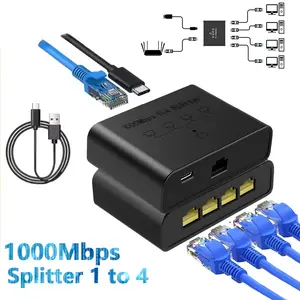 Ethernet Splitter 1 to 4 High Speed 1000Mbps, Gigabit RJ45 Splitter Adapter for Cat5/5e/6/7/8 Cable, Ethernet Type C