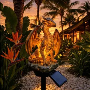 Solar Stake Lights - Gothic Dragon Golden Glowing Resin Yard Statue - for Outdoor Garden, Pathway, Porch & Flower Bed Decoration - Cool Autumn Halloween Gift for Men, Her & Dragon Lovers