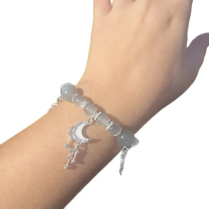 Glass Bead Bracelet with Color Shifting Blue Glitter Moon and Stars Charm Elegant Dangly Star Chain Bracelet for Women