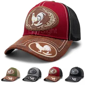 BaySight Mesh Trucker Hat with Faux Leather Visor and Rooster,Gallo Patch, Unisex Baseball Cap Adjustable Snapback