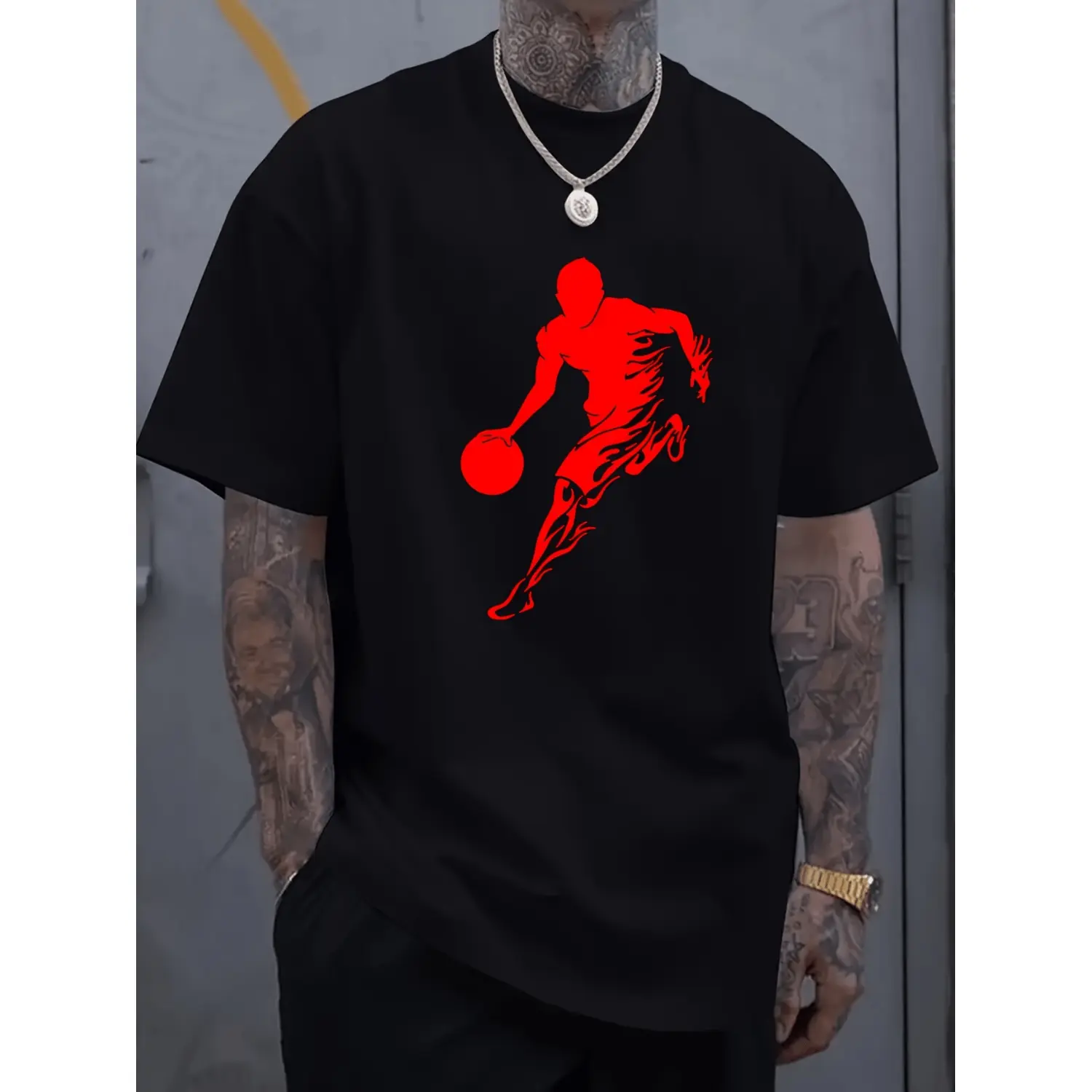 T Shirt mens basketball silhouette printed t shirt 100 cotton casual crew neck long sleeve t shirt slightly elastic knitted fabric top plus size black -1 T Shirt