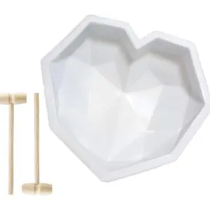 3D Diamond Heart Silicone Cake Mold with 2 Wooden Hammers, Geometric Love Pop Mold, Hot Chocolate Bomb Candy Mousse Dessert DIY Breakable Sponge Cupcake Baking Pan Bakeware Tool Soap Pudding (White)