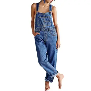 Multitrust Women Denim Long Jumpsuit Casual Spaghetti Strap Wide Leg Romper Pants Summer Baggy Bib Overalls(Raincoats)