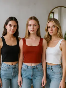 Women's 3PC Square Neck Sleeveless Double-Layer Tank Tops Basic Tight T Shirts Short for Everyday Wear & Layering Summer Set Comfortable Stylish