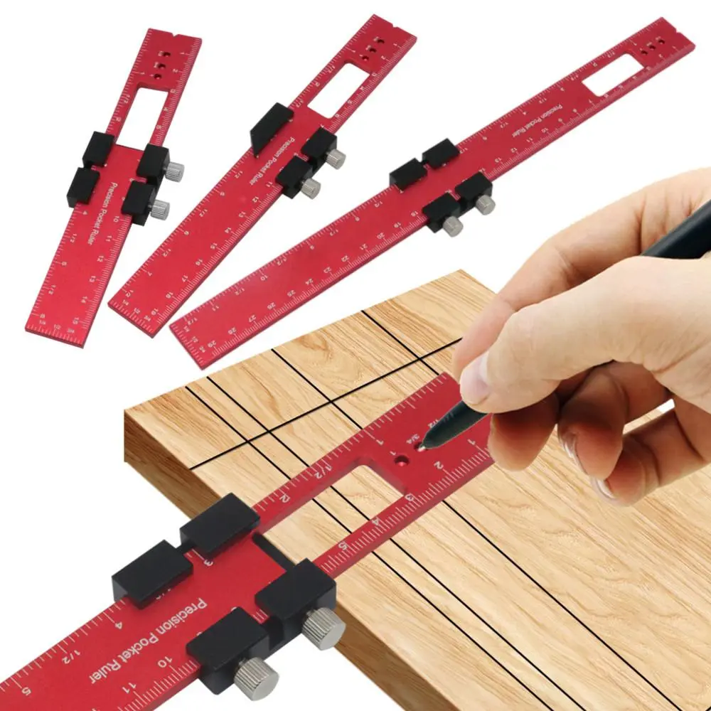 Woodworking Precision Pocket Ruler, Aluminum Slide Ruler, Inch and Metric T-type Scribing Ruler, Square Layout Tool with Slide Stops, Layout Measuring Tool, Hand Measuring Tool, Measuring Marking Tool, Portable, Measuring Instrument