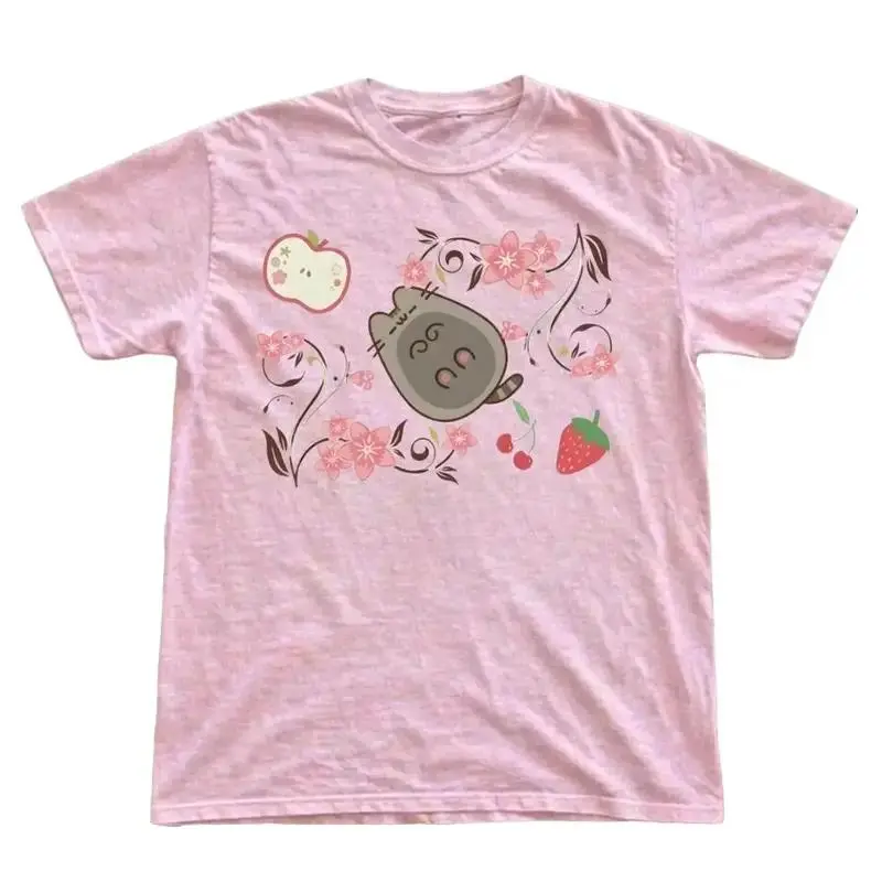 Vintage Pusheen Pink Cat T-Shirt, Cute Cherry Blossom Fruit Graphic Tee, Japanese Style Pastel Aesthetic Gift Shirt, Gildan Unisex Comfort Fit
