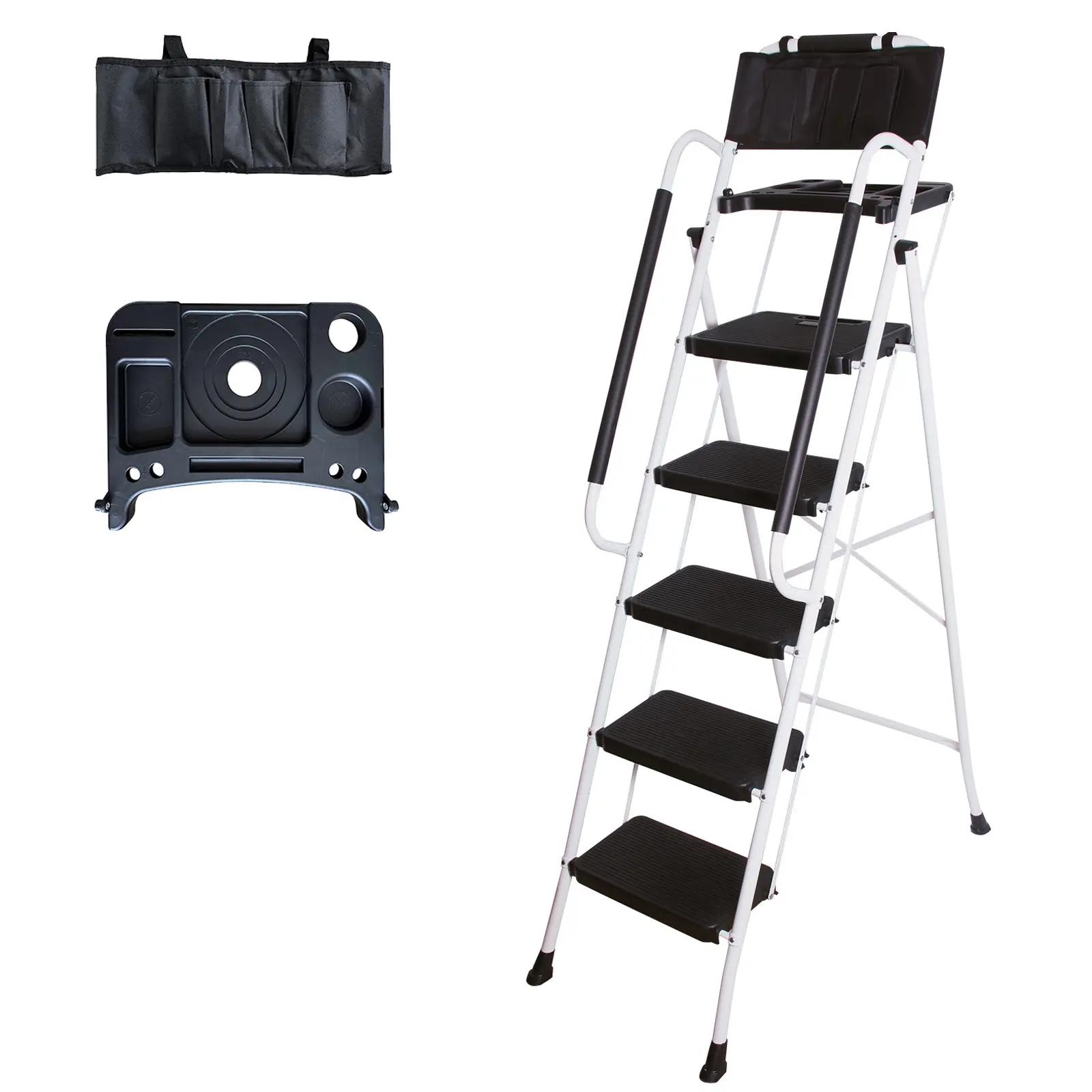 LEADALLWAY 5-Step Portable Folding Stepladder with Foam-Padded Side Handrails, 330lbs Capacity, Lightweight Foldable Ladder, 14"x10.4" Platform, 22.4"w x67.7"h Anti-Slip Texture, Tool Tray & Bag, Steel Construction for Home Improvement Work Aluminium Tele