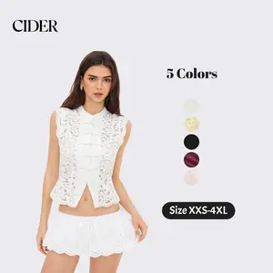 Cider Lace Mandarin Collar Guipure Split Tank Top, Women's Sleeveless Lace Design Vest for Summer Outlook, Urban Chic Summer Fashion