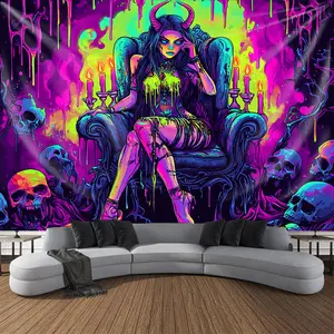 Psychedelic Luminous Printed Demon Goddess Tapestry, Glow Pattern Visual Design Wall Hanging Polyester Backdrop, Photo Booth Decor for Home Living Room Bedroom Dorm Apartment Party, Party Banner