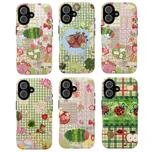 [MAGSAFE PHONE CASE] Cute Green Gingham Tough Phone Case – Patchwork Caterpillar Ladybug Strawberry Aesthetic Protective Cover for ip, gift Funny Stickers Protection