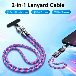 240W Fast Charging Cable 2-in-1 Lanyard Data Cable Braided Anti-Lost Strap for Smartphone iPhone 15 16, Portable USB C Cord for Travel Commute Outdoor, High-Speed Data Sync Wearable Nylon Braided Charger