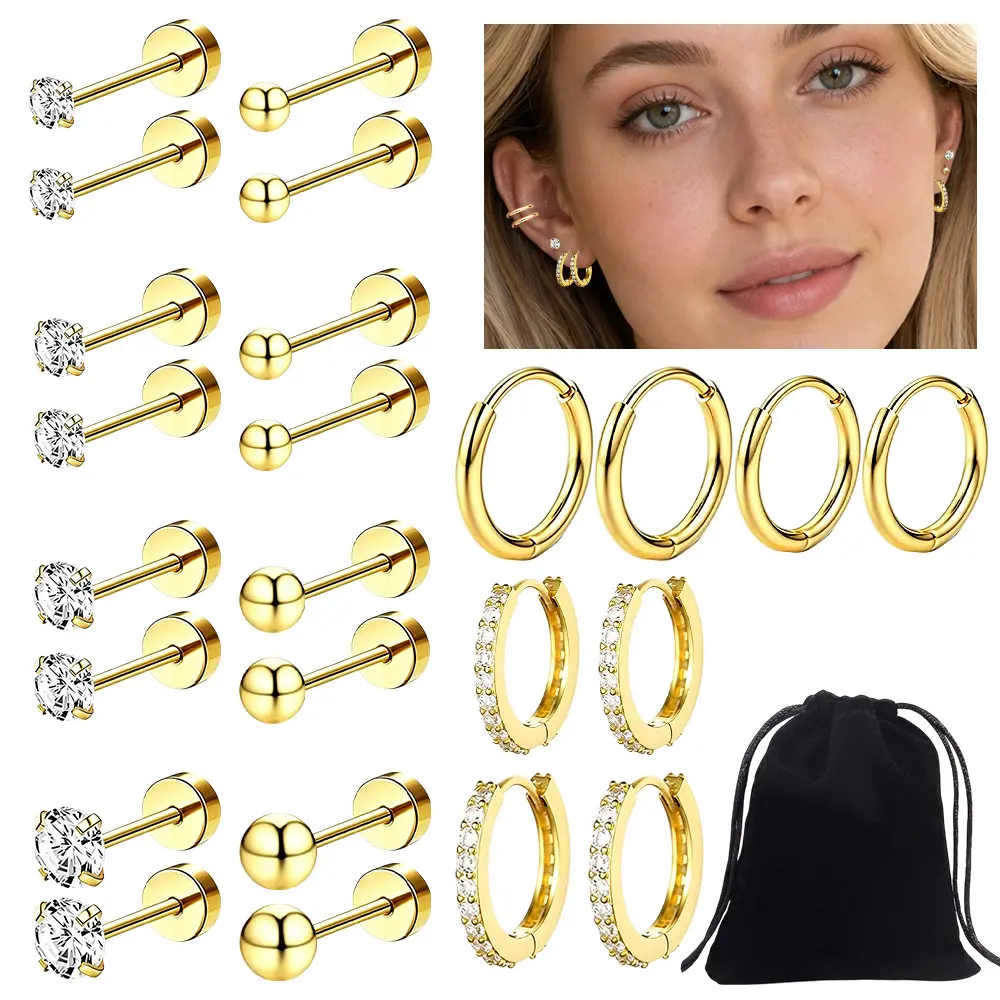 Hypoallergenic Flat Back Earrings for Sensitive Ears - Surgical Steel 14K Gold Plated Cartilage Studs, Nickel-Free Threadless Push-Pin Jewelry for Daith, Helix, Lobe Piercings (Sleeping-Friendly)