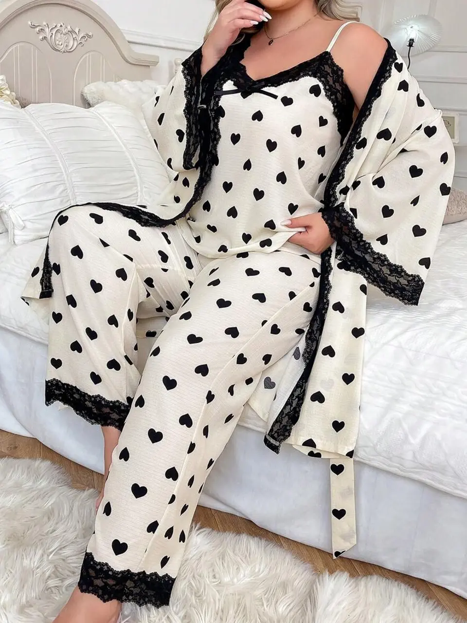 3-Piece Heart Print Cami Top, Long Pants, and Robe Set with Lace Patchwork