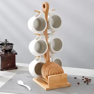 6pcs Ceramic Coffee Cup Set, with Wooden Coaster And Wooden Hook Cup Holder, Water Cup, Mug, Tea Cup, Perfect for Latte, Cappuccino, Espresso, Home, Office, Coffee Shop Use, Holiday Gift, Birthday, 200ml/6.8oz Drinkware Tumblers