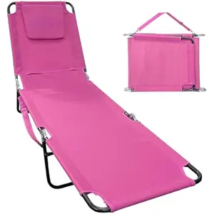 Lawn Chair Chaise Lounge 2 Legs Support Polyester Material Reclining Backrest Head Rest Pillow Great for Beach, Home, Backyard, Outdoor, Patio, Pool, Camping, Lawn or Deck Color Pink