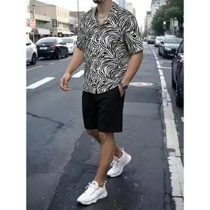 Men's 2 Piece Shorts Set Short Sleeve Button Down Shirt and Casual Shorts, Black and White Zebra Print Hawaiian Shirt with Solid Black Bermuda Shorts, Summer Vacation Outfits for Men, Beach Resort Wear, Trendy Streetwear Matching Set, Loose Fit Comfortabl