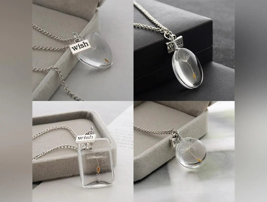 Fashion Simple Wish Dandelion Necklace For Women Peach Blossom Babysbre Flower Glass Ball Pendant Charm Jewelry Gift For Her