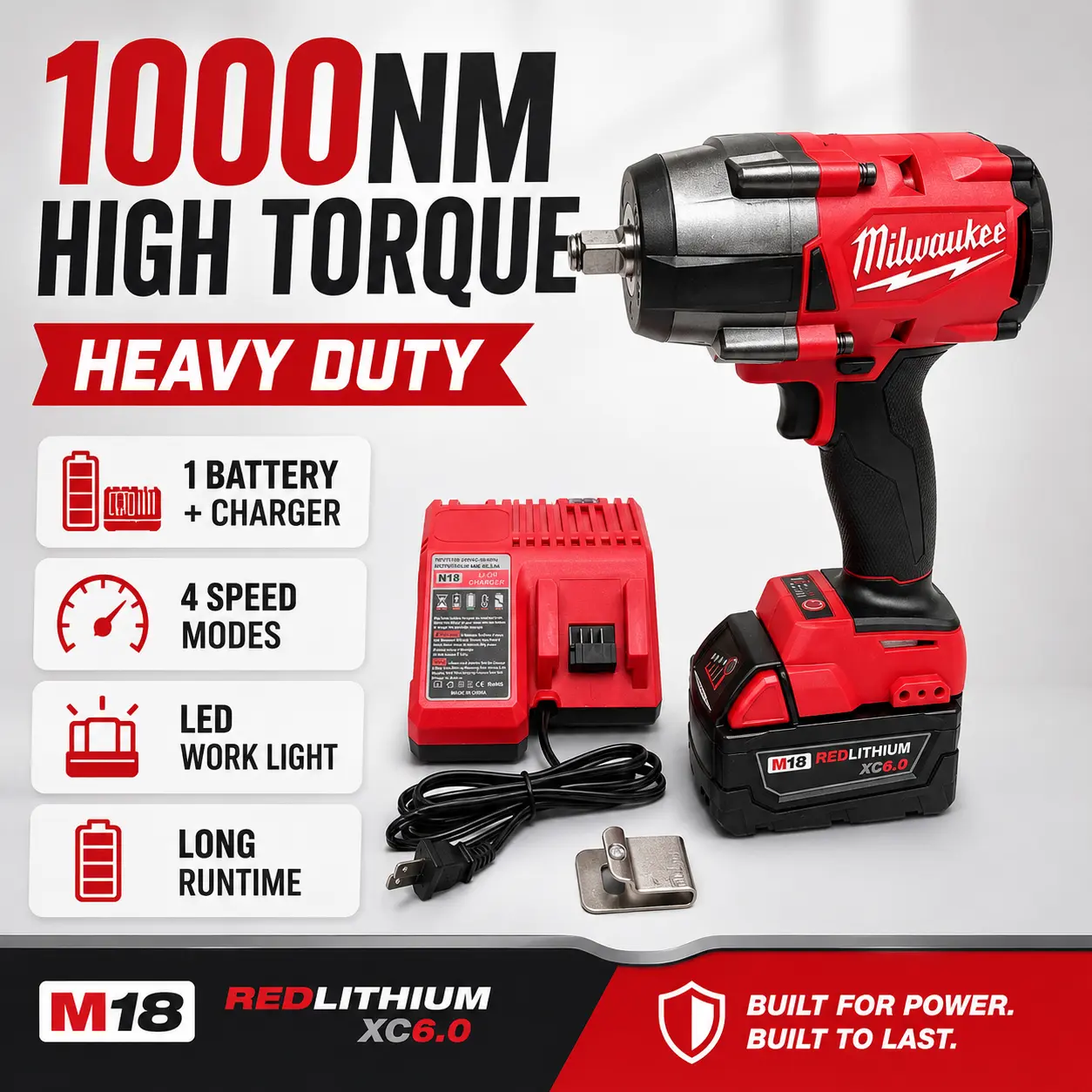 Milwaukee M18 Series Cordless Impact Wrench Tool - 1000 Nm High Torque, Heavy-Duty Hand Tool for Auto Mechanic & Fleet Repair