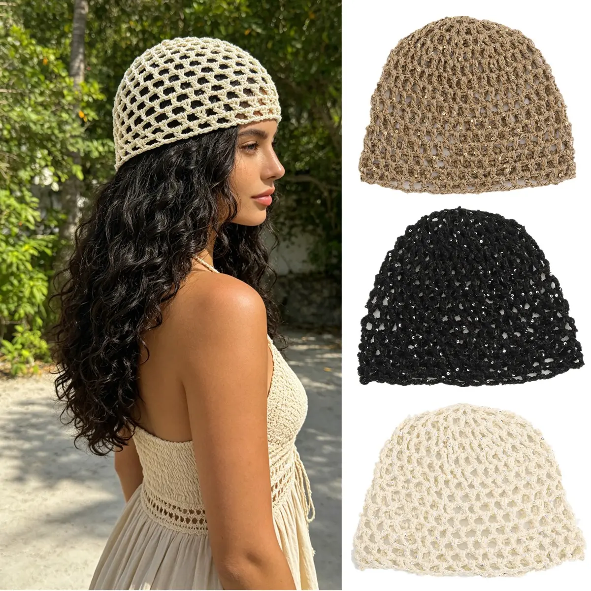 AWAYTR Y2K Women's Summer Small Glitter Sequin Beanie Boho Hollow Out Crochet Hat Headwear for Beach Vacation Outdoorfun Travel Party