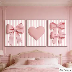 3pcs Striped Bow Heart Trifold Decorative Posters, Unframed Art Print, Modern Home Art, Waterproof, Living Room and Bedroom Decoration