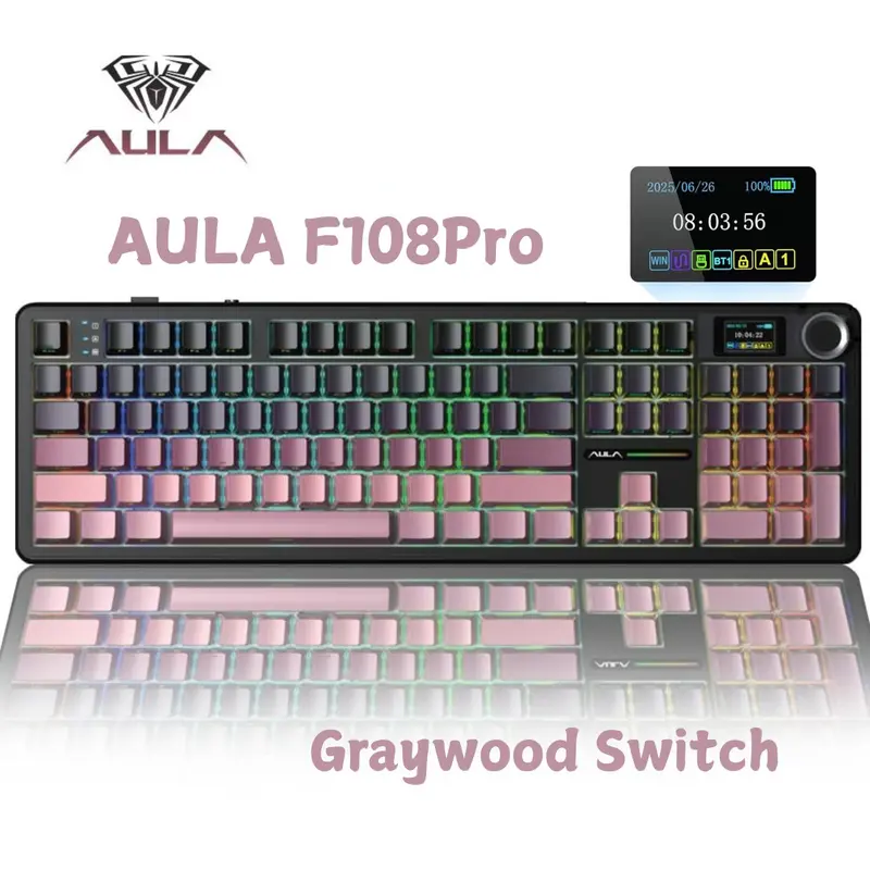 AULA F108 Pro Full Size Wireless Mechanical Gaming Keyboard with Knob Smart Screen Num Pad Tri-Mode RGB Backlit Hot Swappable Customize Keyboard E-Sports Office Computer Accessories F108Pro Red Graywood Switch