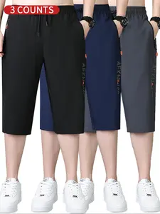 Men's Letter Print Quick Drying Capri Pants, Casual Comfy Breathable Cropped Pants for Summer, Men's Bottoms for Daily Wear