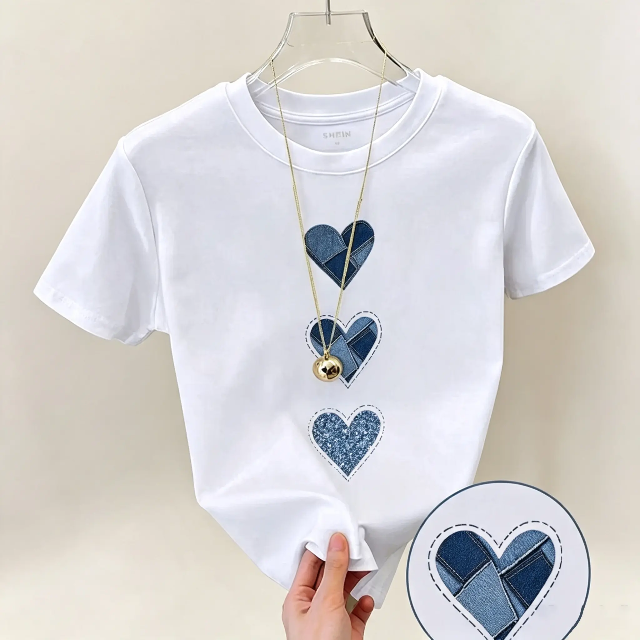 Women's Short-Sleeve Denim Heart Print Cotton T-Shirt, Baggy Loose Breathable Retro Streetwear Top for Summer Jeans Pairing (Unisex Fit Option), Shortsleeve, Round Neck