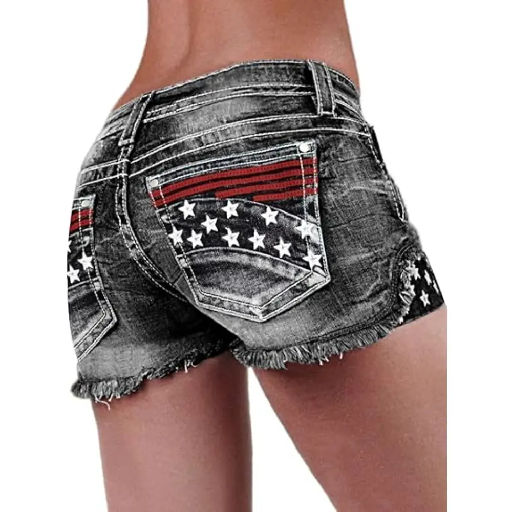 Women's Ripped Embroidery Denim Shorts - Mid-Waist, Raw Hem, Skinny, Stretchy, Stylish, Fit Casual Bottoms, Style, Galaxy, Jean Shorts For Women, Fashion Apparel, Cotton, Elastane, Embroidered Shorts