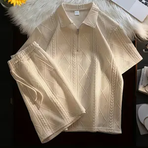 Men’s Jacquard Half-Zip Polo 2 Piece Set, Short Sleeve Top & Drawstring Shorts Casual Summer Outfit fall daily wear winter