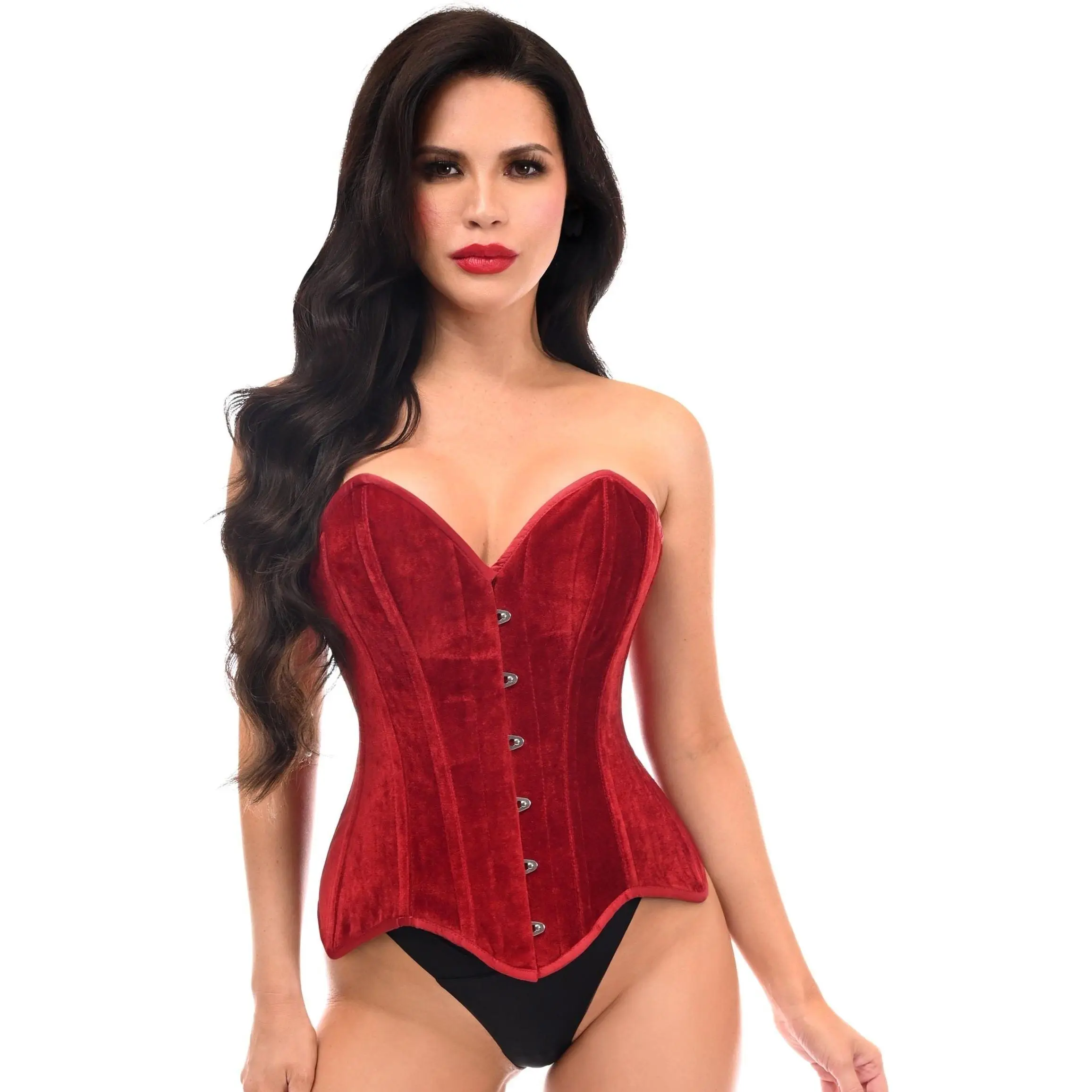 Top Drawer Dark Red Velvet Steel Boned Overbust Corset