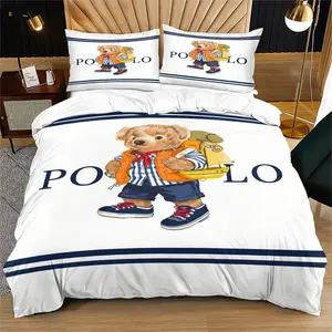 Bear Theme Bedding Set, Duvet Cover, Polo Pattern Bedding Ensemble, Suitable for Boys Girls Young Adults, Perfect Gift for Holidays, Includes 1 Fitted Sheet and 1-2 Pillowcases