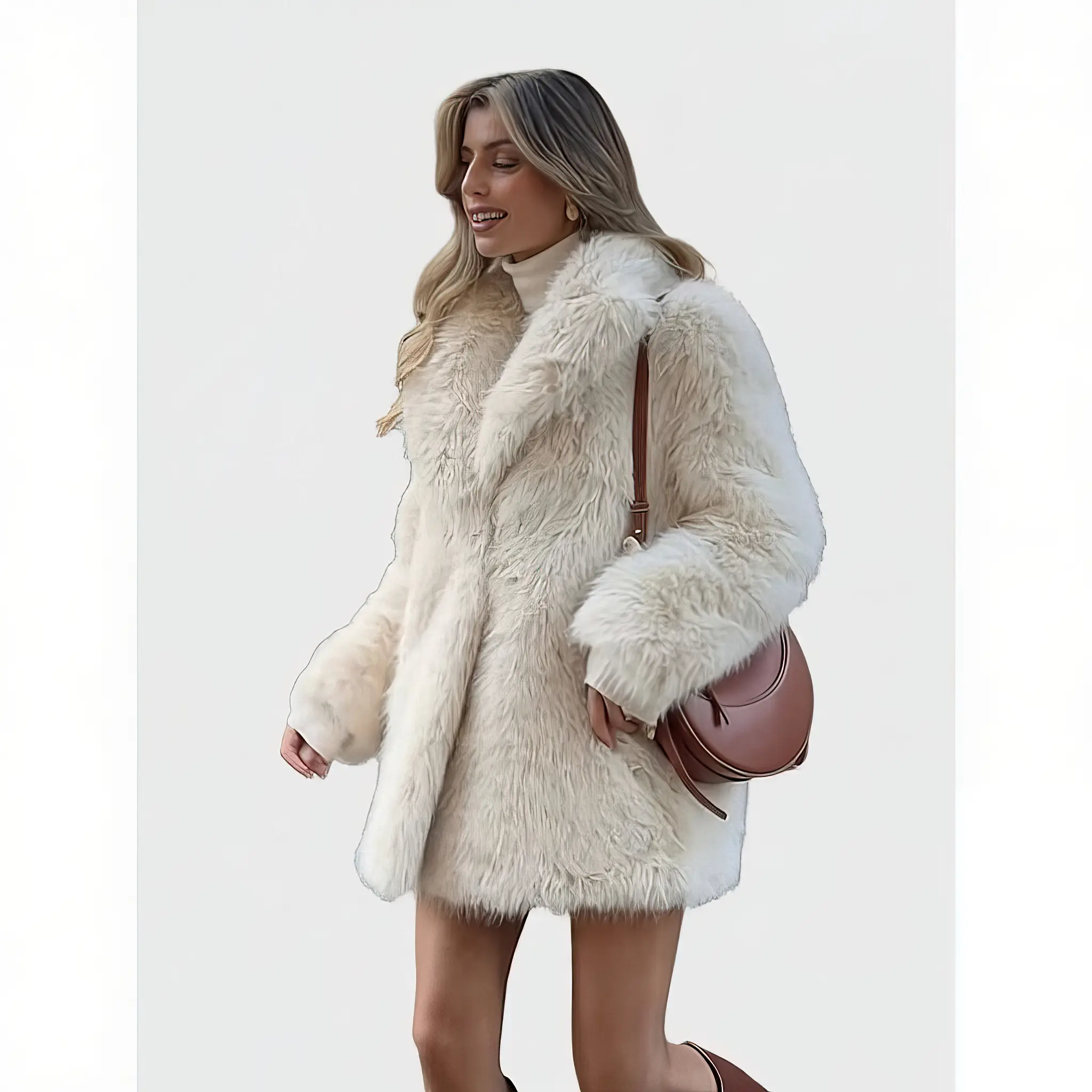 Women's Vintage Solid Polyester Faux Fur Coat - Loose Oversize Formal Tops, Long Sleeve Lapel, Thick Warm Comfortable Fabric Winter Outerwear for Evening, Fuzzy