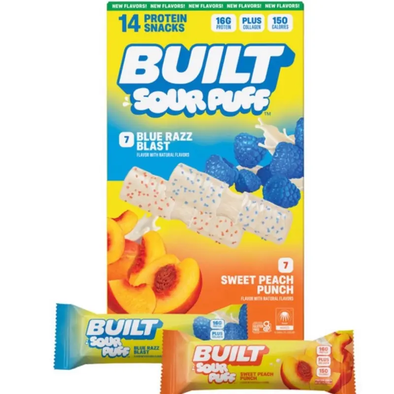 Built Sour Puff Bars 14 Count Variety Pack - 7 Blue Razz Blast & 7 Sweet Peach Punch Protein Snacks