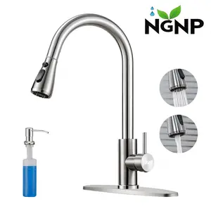 NGNP Stainless steel pull-out kitchen  faucet with soap dispenser, available for 1/3 holes in the , single handle, suitable for , RVs, laundry rooms, bars, brushed nickel paragon sink stainless steel kitchen level