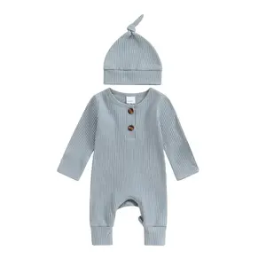 Preemie Long Sleeve Romper with Hat 2 Piece Set Solid Color Round Neck  Outfit Newborn Baby Hospital Coming Home