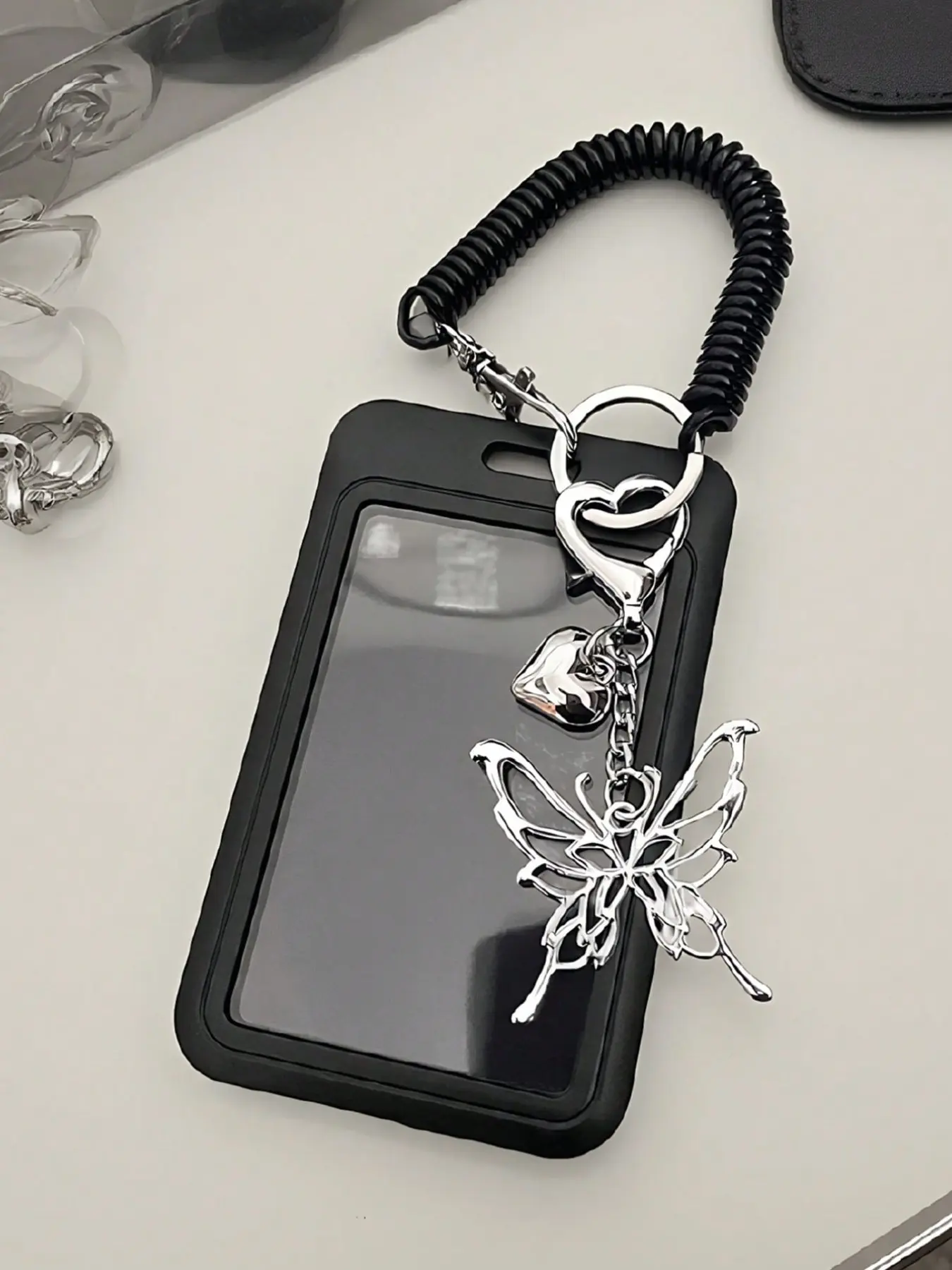 Butterfly and heart pendant ID holder, Id badge holder with lanyard, card wallet, comes with a spiral lanyard, suitable for work and daily use, ideal for storing ID cards, keys, and small accessories, suitable for women