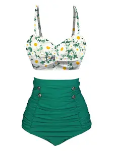 RETRO STAGE Women's 1950s High-Stretch Polyester Blend Green Daisy Strap Pleated Floral Tankini Bikini Top - Removable Pads, Bathing Suit, Women's Swimsuits