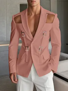 Autumn New European Men's Blouse Shirt, Unique Hollow Out Metal Button, Solid Color Slim Fit Jacket, Casual Suit, Fashionable Outerwear