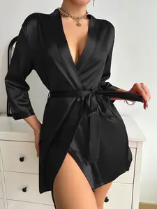 Solid Satin Night Robe Long Sleeve V Neck Robe with Belt Women'S Sleepwear NONE