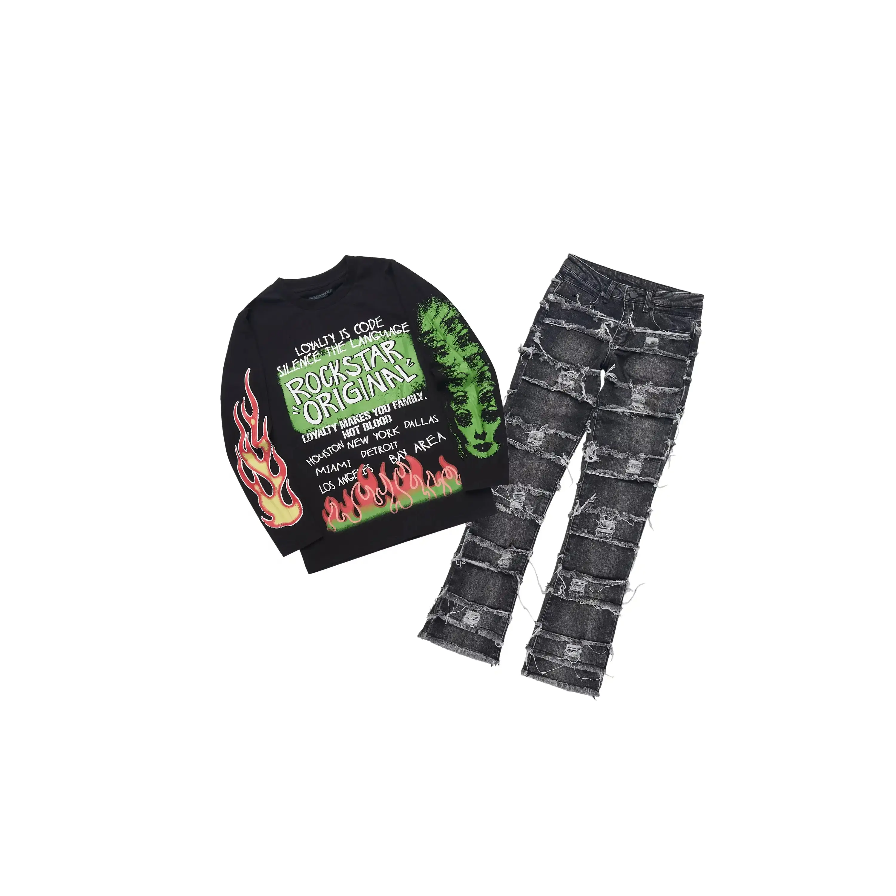 Boys Beno Black Long Sleeve T-Shirt & Sten Black Stacked Jean Set