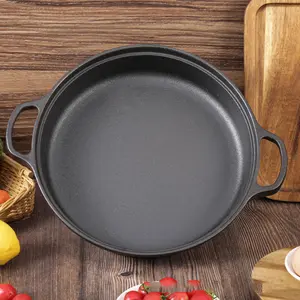Cast Iron Pizza Pan, Flat-Bottomed Cast Iron Frying Pan, Double-Handled Frying Pan, Stovetop Compatible, Suitable for Grilling Steaks, Baking, Pizza, Outdoor Cooking, and Camping. Cooking Utensils, Heat Resistant Bakeware, Kitchenware