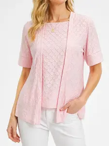 Women's Spring Summer New Elegant Hollow Out Embroidery Fake Two-Piece Top, French Style Office Commute Slimming Short Sleeve Shirt