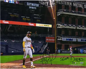 Fernando Tatis Jr. San Diego Padres Autographed 16" x 20" Bat Flip Photograph with "Slam Diego" Inscription - Fanatics Authentic Certified