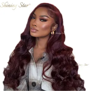 Shining Star 180% Density 13x6 Dark Burgundy Body Wave Human Hair Wigs Pre Plucked Brazilian 99J 13x4 Wavy Lace Frontal Wigs For Women 34 Inch Premium Fiber Blend Wig