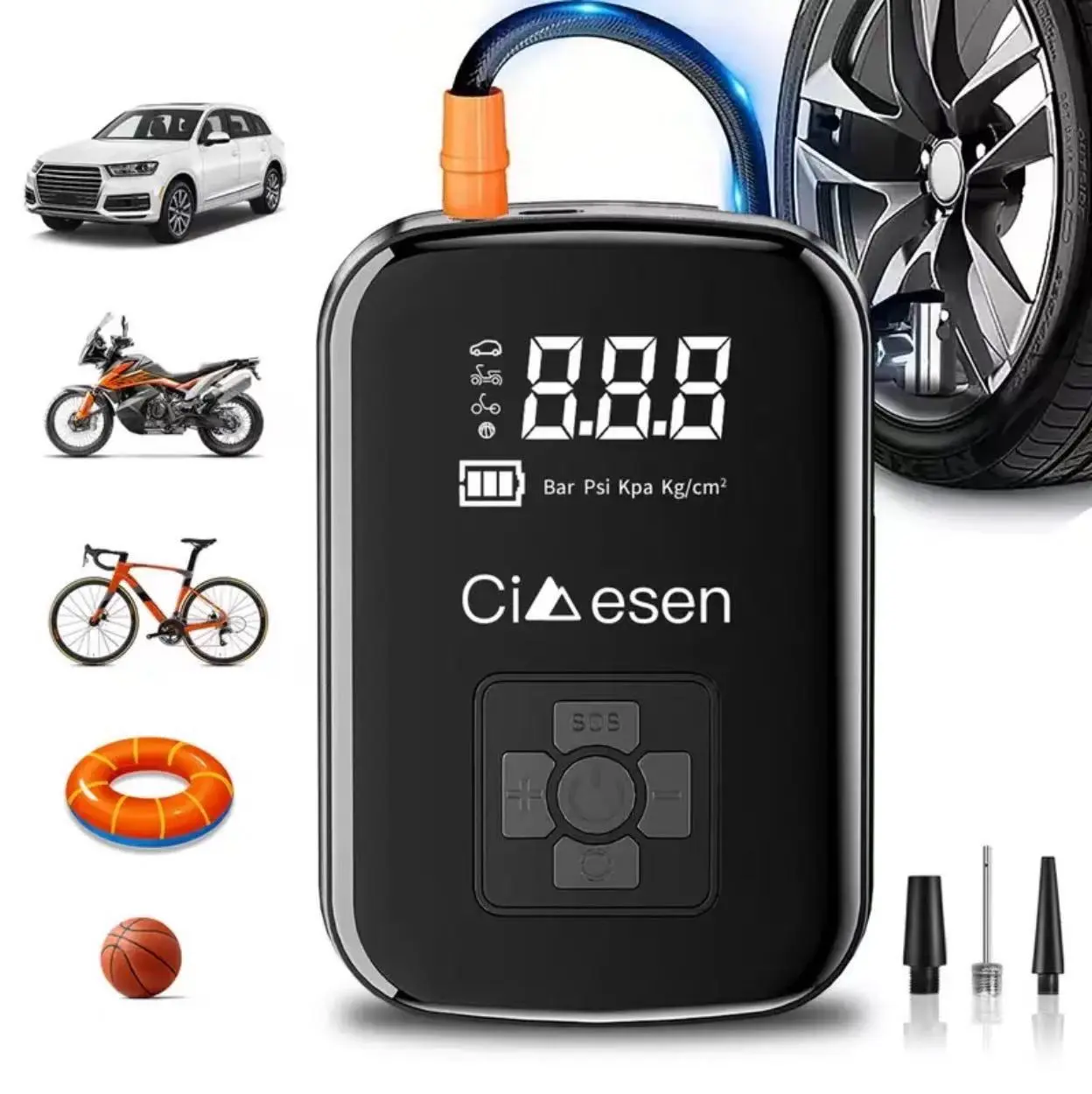 1 Tire Inflator Portable Air Compressor, Fast Cordless Air Pump, Digital Display with Multi-function Nozzle Adapter and Long-lasting Lithium Battery,  Auto Parts LED Tire Inflator with Light inflation vehicle hose design Car Tire Inflator