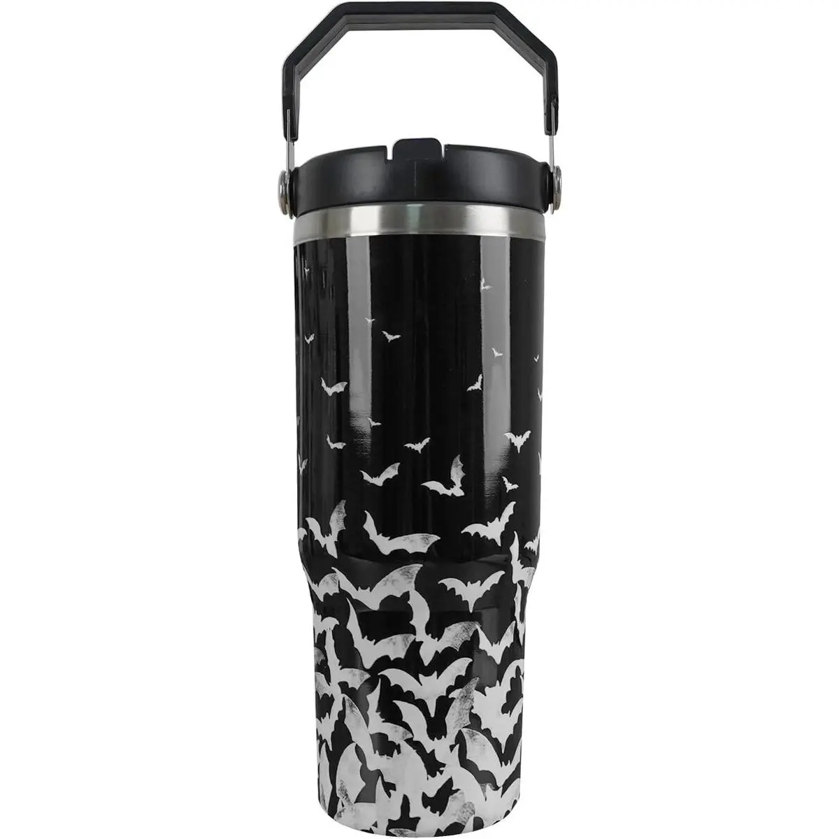 30oz Gothic Halloween Insulated Tumbler Mug - Double Wall Thermal Leakproof Stainless Steel Eco-Friendly Flask Bottle, Wide Mouth with Handle, Lid, Straw, Bat & Witch Prints, Portable Reusable Coffee Cup for Adults, Thanksgiving Gift, 30 Ounces, Bat Print