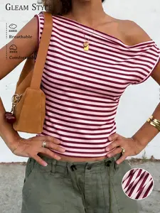 2026 New European and American Style Asymmetric Shoulder Summer Top, Wine and Block, Simple and Fashionable
