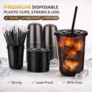 100 Sets Disposable To-Go Cups 16oz/500ml - Black Transparent PET, Leak-Proof U-Shaped Lid + Lids/Straws, Lightweight, Perfect for Iced Coffee, New Year Parties & Coffee Events