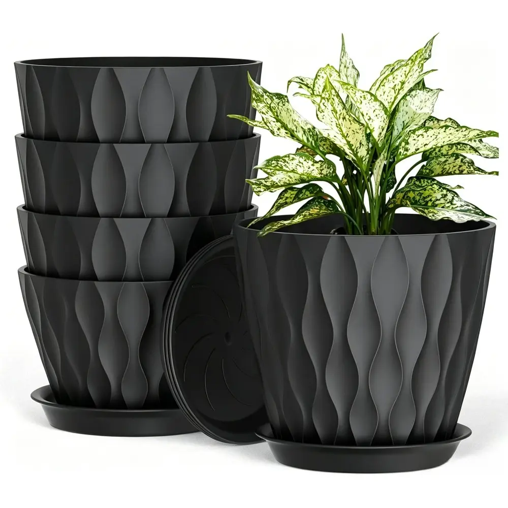5-Pack 6-Inch Black Planter Set with Drain Holes and Trays, Indoor Home Decor Fengshui Ornament Planters for Orchids, Succulents, Herbs